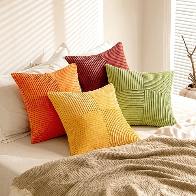 MIULEE Burnt Orange Decorative Throw Pillow Covers 20x20 Inch Set of 4 Boho Color-Clash Cushion Covers Modern Farmhouse Pillow Cases Corduroy Striped Home Decor for Couch Sofa Bed