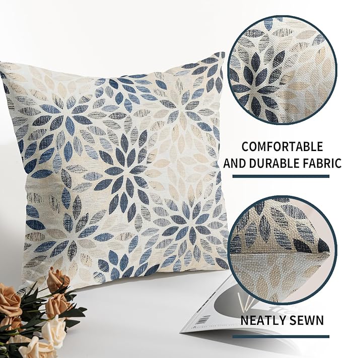 Kawani Navy Blue Dahlia Throw Pillow Covers 22x22 Inch Rustic Geometric Flower Decorative Square Pillow Cases Beige Tan Gray Floral Cushion Covers Farmhouse Home Decor for Sofa Couch Outdoor Set of 2