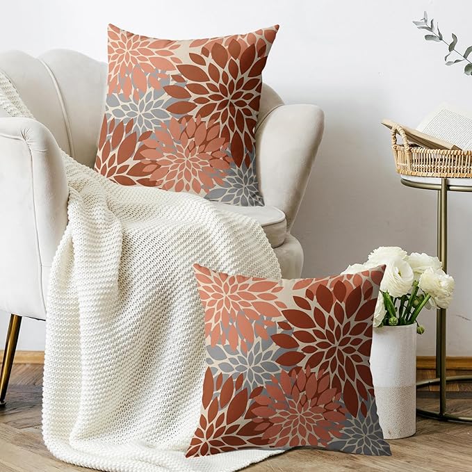 Burnt Orange Grey Gray Pillow Covers 20X20 Inch Set of 2, Fall Colored Modern Geometry Dahlia Floral Print Decorative Throw Pillow Covers Outdoor Farmhouse Cushion Case for Couch Sofa Bed Decor
