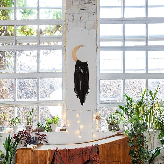 ANROYE Macrame Wall Hanging Boho Moon Decor, Bohemian Crescent Wooden Ornament with Long Tassel, Handmade Unique Wood Tapestry Home Decoration Wall for Dorm Bedroom Nursery Living Room Gift