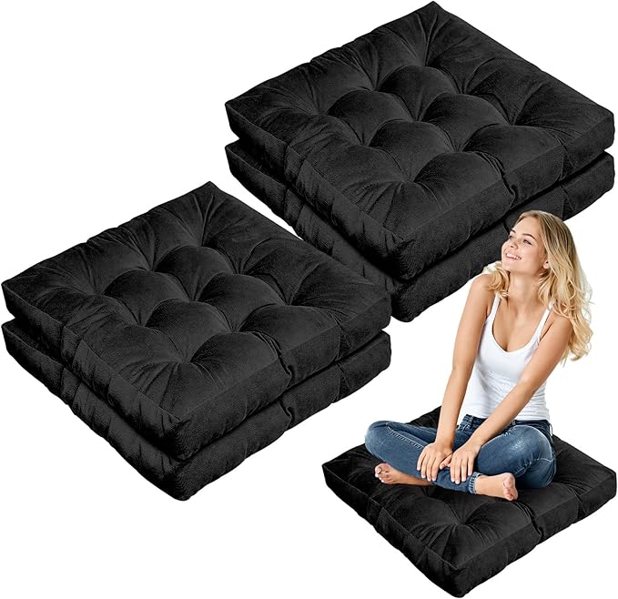 Jerify Floor Pillow Cushions Large Round Square Large Meditation Floor Pillow for Classroom Adult Meditation Picnic Party Seating Learning Daycare School(Square,Black,4 Pcs)