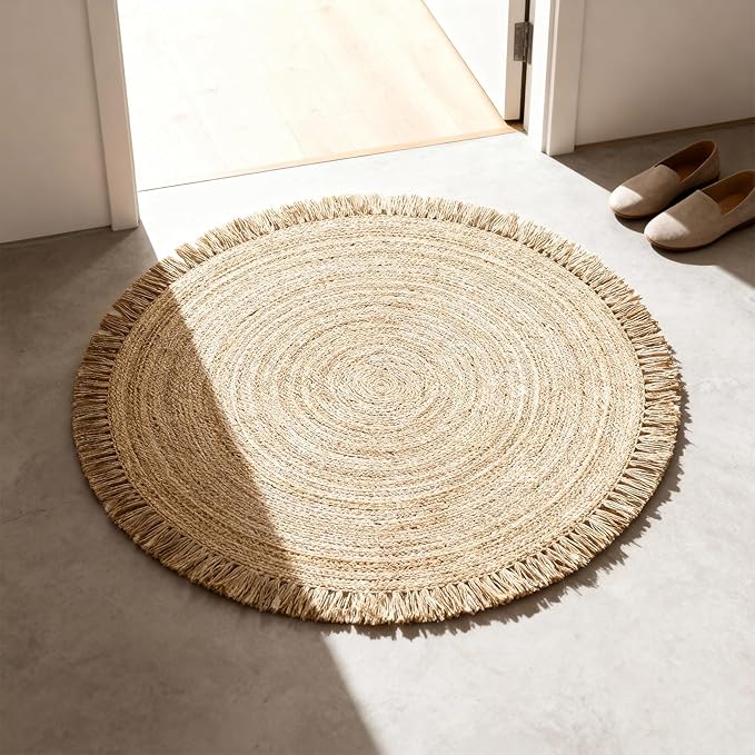 Hand Woven Round Jute Rug 3' - Natural Reversible Boho Area Rugs for Kitchen, Living Room I Farmhouse Indoor Outdoor Decorative Floor Rug - 3 Feet, Circular