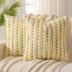 ANRODUO Boho Chenille Textured Tufted Pillow Covers 18x18 Inch Set of 2 Woven Decorative Throw Pillow Covers with Raised Stripes Accent Neutral Pillowcase for Couch Sofa Bed Living Room, Yellow Cream