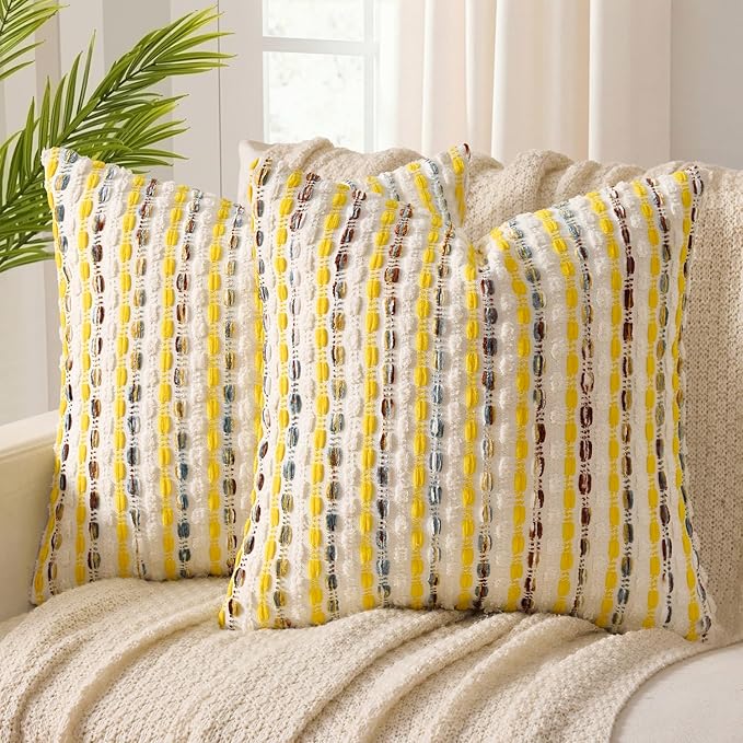ANRODUO Boho Chenille Textured Tufted Pillow Covers 20x20 Inch Set of 2 Woven Decorative Throw Pillow Covers with Raised Stripes Accent Neutral Pillowcase for Couch Sofa Bed Living Room, Yellow Cream