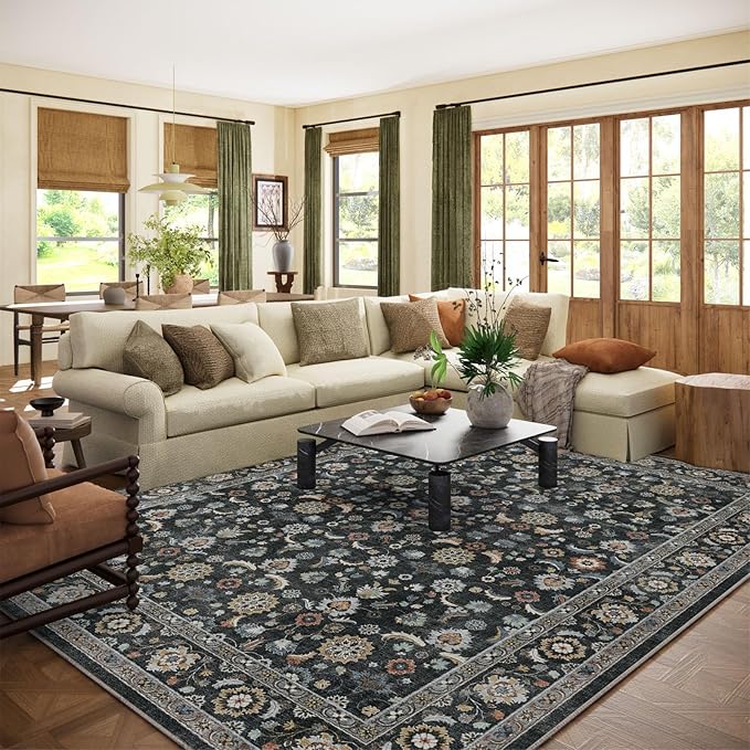 Washable Area Rugs for Living Room: 9x12 Bedroom Rug Vintage Boho Area Rug Stain Resistant Non Slip Low Pile Lightweight Soft Carpets for Living Room Dining Room Kitchen Nursery Kids Room Farmhouse