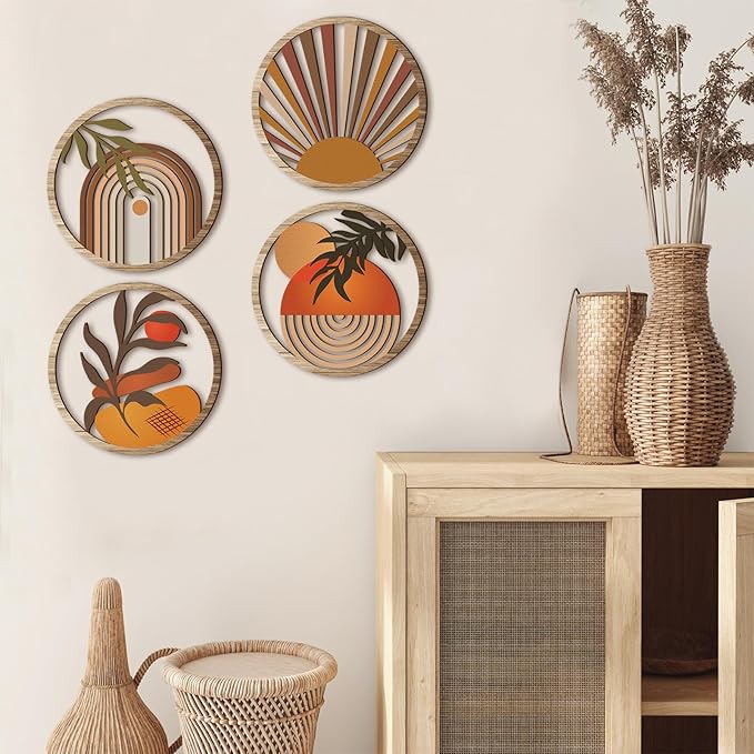 Qunclay 4 Pcs Boho Wall Art Bohemian Wooden Round Circle Wall Decor Hollow out Hanging Farmhouse Aesthetic for Bedroom Living Room Bathroom Bedroom Bathroom Patio Apartment Gift 10 Inch(Stylish)