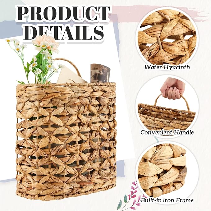 Chunful 2 Pcs Water Hyacinth Hanging Wicker Basket, Natural Wicker Decorative Baskets, Handmade Woven Storage Organizer for House Garden Wedding Wall Decorations, Large & Small Size(Hollow-out)