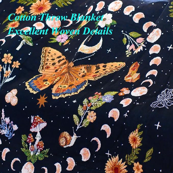 Moon Phase Butterfly Boho Woven Throw Blanket for Couch Bed Lounge Chair Hippie Room Decor Bedspread Boho Vintage Throws Blankets Outdoor Blanket Aesthetic Wall Hanging Celestial Bedroom Decor 51”x59”