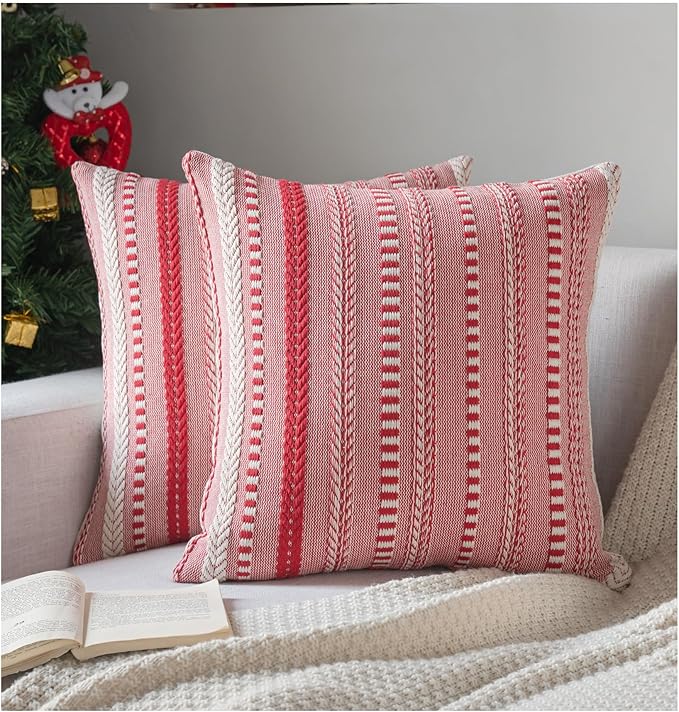 Christmas Pillow Covers 20x20 Inch Set of 2, Farmhouse Boho Christmas Decoration Couch Pillow Cases, Red Accent Pillows of Bed, Sofa Bedroom Living Room Home Decor Cushion Cover