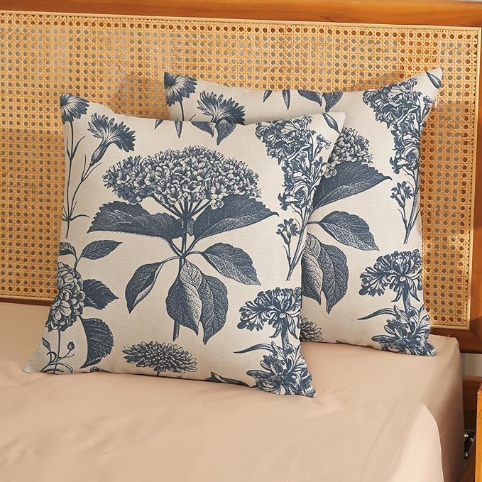 Blue Pillow Covers 16x16 Set of 2 Vintage Boho Floral Hydrangea Herbs Botanical Throw Pillow Cover Outdoor Flower Decoration Pillowcase Linen Farmhouse Cushion Case Decorative for Couch Sofa