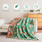 Boho Throw Blanket - 90"x108" 100% Cotton Ultra Soft Lightweight Spring Blanket, 4-Layer Breathable Muslin Blankets for Bed Couch, Reversible Green Floral Printed Bohemian Cotton Quilt