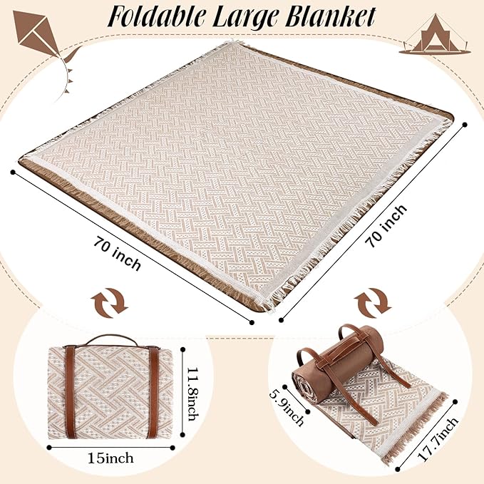 VitalCozy Waterproof Picnic Blankets 71×71 inch Outdoor Blanket Foldable 2 in 1 Double Layer Sandproof Beach Mat with Carry Strap for Camping Lawn Park Beach Grass(Khaki)