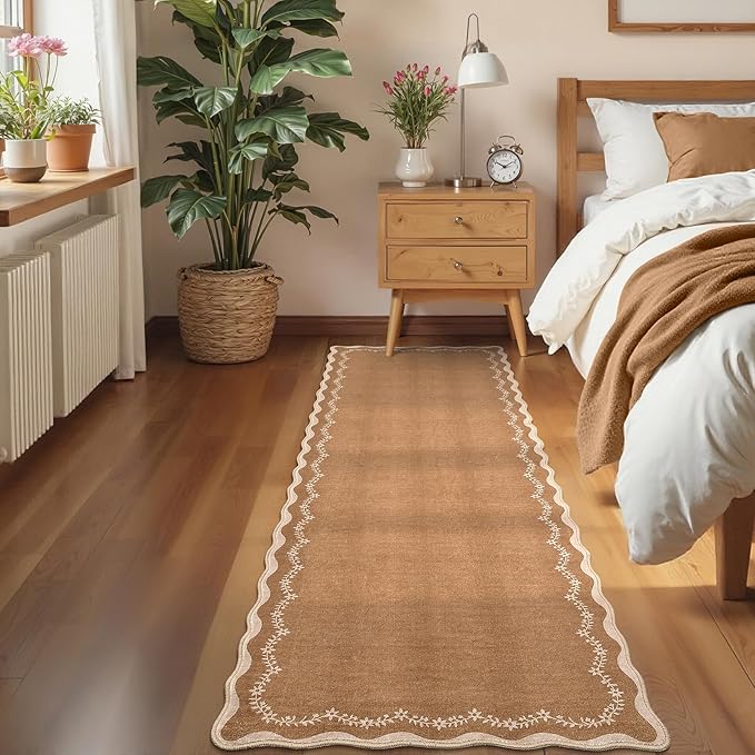 GarveeHome 2.6x10 Scalloped Washable Runner Rug for Kitchen, Soft Brown Long Hallway Runner Non Slip Entryway Rug Farmhouse Thin Laundry Mat Stain Resistant Carpet for Bathroom Beside Rug