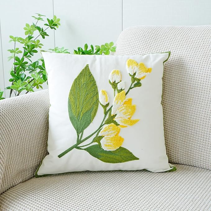 vctops Farmhouse Hibiscus Flowers Cotton Tufted Throw Pillow Cover Spring Floral Embroidery Pillowcase Soft Square Cushion Case for Sofa Couch Bed Chair (Yellow F,18"x18")