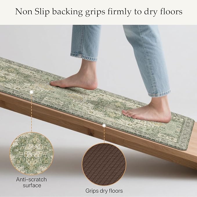 GENIMO Kitchen Mats for Floor, Washable Anti Fatigue Mat for Cushioned, 17.3"x59", Waterproof Kitchen Rugs, Non Slip Foam Comfort Standing Mat Rug for Home, Runner, Sink, Laundry, Light Green