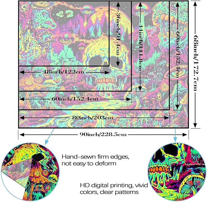 Zussun Blacklight Hippie Skull Mushroom Tapestry for Bedroom Aesthetic Hippy Forest Skeleton Monster Tapestries Wall Hanging Glow in The Dark Wall Tapestry for Living Room Dorm 60 × 44 Inch