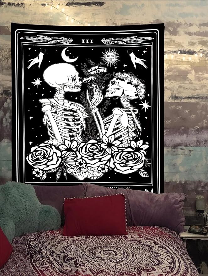 Onivein The Lovers Skull Tapestry Gothic Tapestry Vertical Black and White Skeleton Gothic Witch Sun Moon Floral Plant Snake Tapestries Wall Hanging Decor for Bedroom Dorm Room 40 x 60 Inches