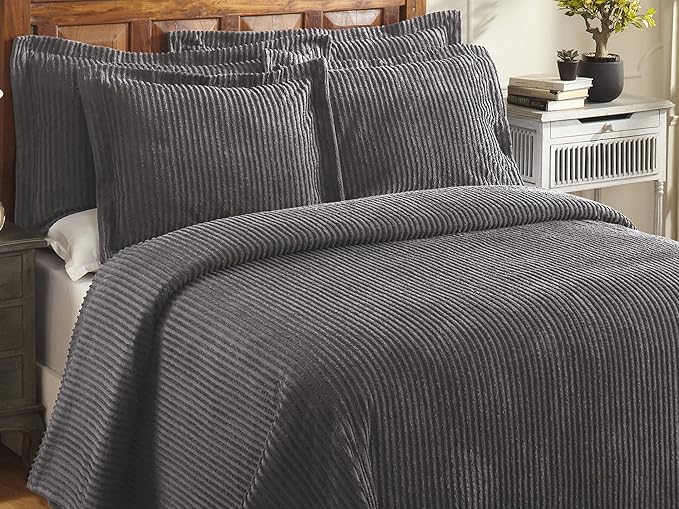 Better Trends Chenille Bedspreads Full/Double Size, Gray 100% Cotton Chenille Stripe Design Tufted Bedding Coverlet Soft Lightweight, 96"x110" with 2 Sham, 3 Pieces Set Jullian Collection