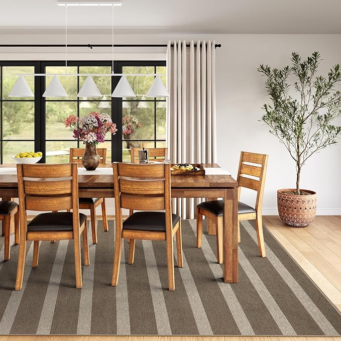 Lahome Elance Striped Easy Jute Rug, 5x7 Dining Room Office Rug Washable Outdoor Patio Rug, Farmhouse Neutral Non Slip Stain Resistance Indoor Outdoor Carpet for Deck Classroom, Khaki