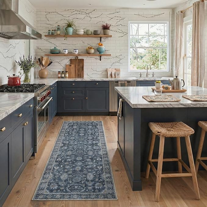 GENIMO Area Rug 2x3 Doormat, Machine Washable Low Pile Rugs, Small Retro Chenille Entryway Mat for Entrance, Hallway, Kitchen and Corridor, Distressed Navy Blue