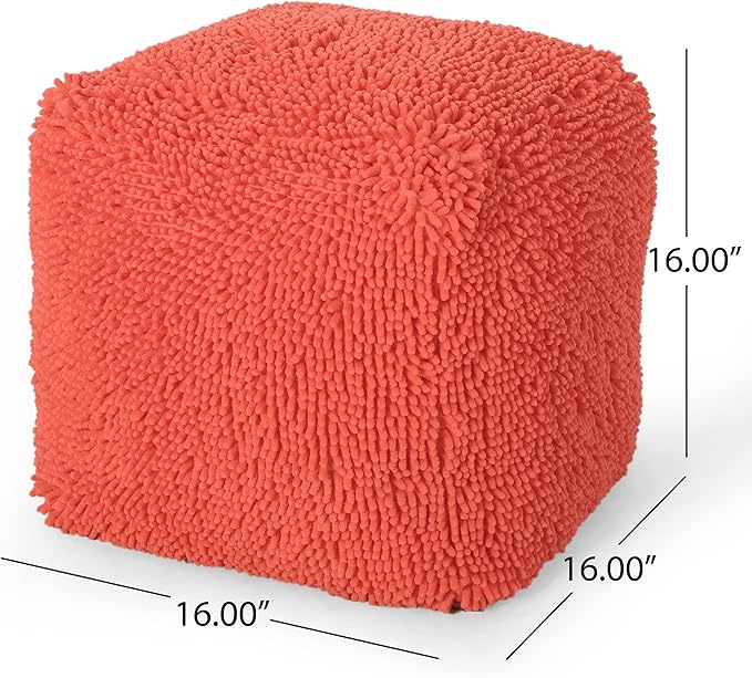 GDFStudio Modern Microfiber Chenille Cube Pouf Ottoman Foot Stool - Bean Bag Floor Chair - Foot Rest Couch for Living Room Bedroom,Coral,16"" x 16"" x 16"", Statha,coral, 314105N