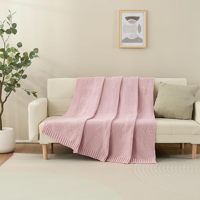 Knitted Throw Blanket 60"X80", Dusty Pink Knit Throws for Bed, Super Soft Boho Chevron Blankets for Couch Sofa Chair Room Decor, Textured Decorative Farmhouse Cozy Lightweight