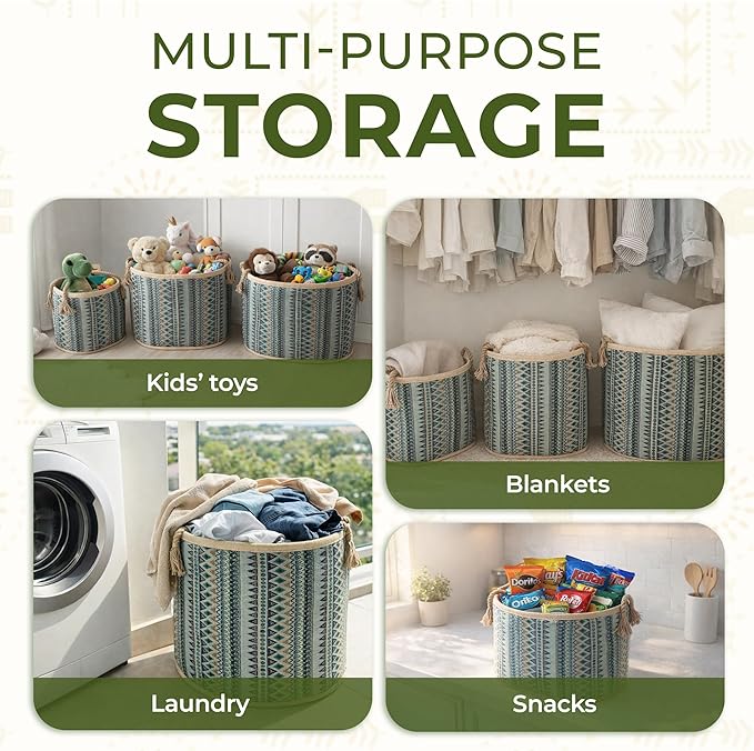 Set of 3 Handwoven Sedge Grass Baskets with Turquoise Brocade Cover – Decorative Woven Storage Baskets for Laundry, Toys & Blankets – Natural Wicker Hampers for Home & Bedroom Decor