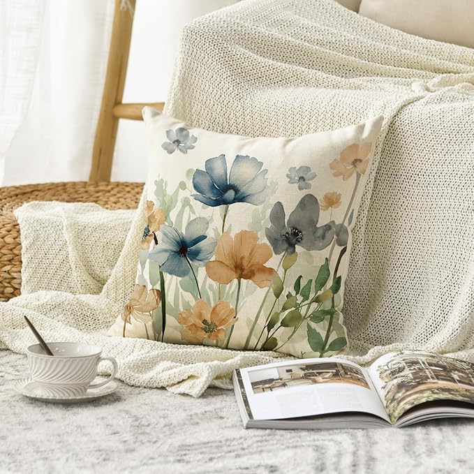 AVOIN colorlife Poppy Flowers Chinoiserie Spring Throw Pillow Cover, 18 x 18 Inch Light Brown Blue Seasonal Leaves Cushion Case Decoration for Sofa Couch Farmhouse