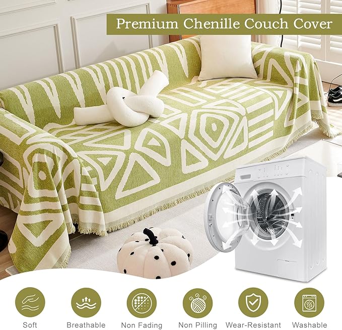 ROOMLIFE Boho Couch Cover for 3 Cushion Couch L Shape Sofa Covers for Sectional Sofa Reversible Silpcover for Dogs Washable Chenille Furniture Protector for Living Room,91"x118"