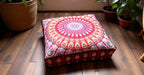 INDIAN CRAFT CASTLE 24" Red Peacock Mandala Barmeri Large Floor Pillow Cover Cushion Meditation Seating Ottoman Throw Cover Hippie Decorative Zipped Bohemian Pouf Ottoman Pom Pom Cases 24" Square