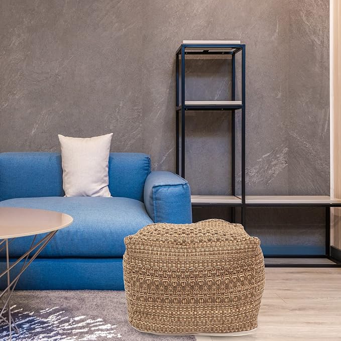 LIFKOME Footstool Square Pouf Ottoman Cotton Pouf Chair Handmade Woven Foot Stool Soft Knitted Cotton Linen Footrest Square Floor Cushion Tatami Seats Cushion for Living Room Ottoman Pouf