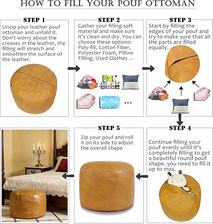 Thgonwid Unstuffed Faux Leather Pouf Cover, Handmade Footstool Ottoman Storage Solution, Floor Footrest Cushion - 16.5”Dx12”H, Yellow