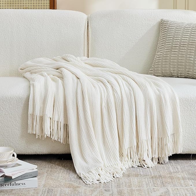 inhand Throw Blanket for Couch Bed,Chunky Chenille Woven Soft Blankets with Tassels,Cozy Boho Farmhouse Fall Winter Decor,Warm for Women,50"x60",Extra Thick-Off White