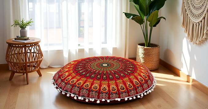 ICC 32 Inch Floor Pillows & Cushion Covers, Decorative Hippie Mandala Pouf Pillow Cover Bohemian Seating Meditation Cushion Cover, Large Boho Ottoman Case Pillowcase for Couch Round (Red)
