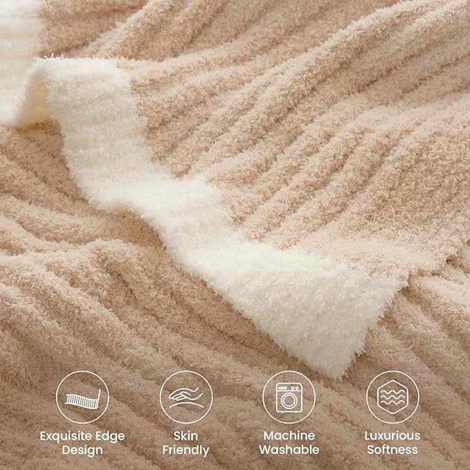 Snuggle Sac Fluffy Ribbed Beige Blanket Twin Size, Soft Luxurious Knit Fuzzy Plush Microfiber Blankets for Sofa, Bed, Beige, 60x80 inches