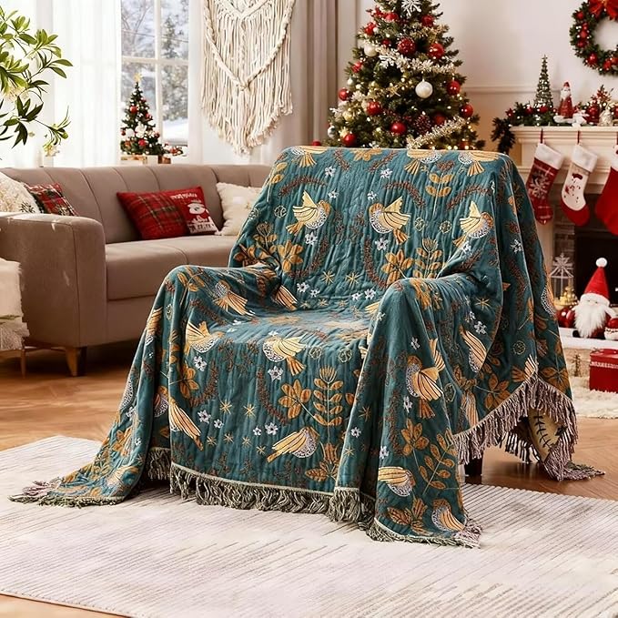 Boho Blanket for Bed 100% Cotton Bohemian Throw Blankets Ultra Soft Woven Muslin Decorative Blankets All Seasons Vintage Quilt Knitted Blanket for Sofa Chair(Blue, 60"x80")