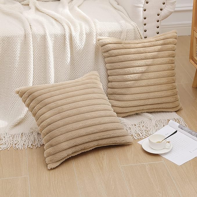 Pallene Faux Fur Plush Throw Pillow Covers 16x16 Set of 2, Luxury Soft Fluffy Striped Decorative Pillow Covers for Sofa, Couch, Living Room, Khaki