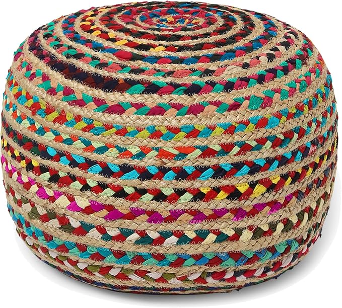 REDEARTH · Round Pouf Ottoman - Braided Boho Poof Home Décor Pouffe Accent Sitting Circular Foot Rest for Living Room, Bedroom, Nursery, Lounge; Jute and Cotton Set of 2 (19.5"X19.5"X14"; Multi)