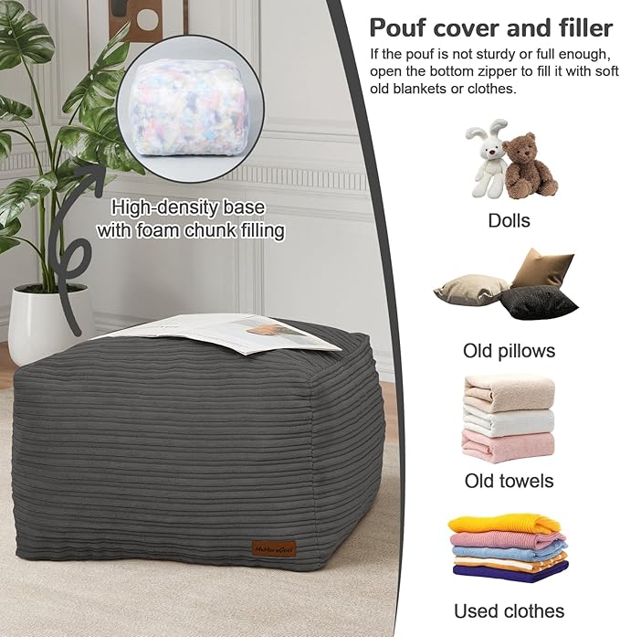 MeMoreCool Square Stuffed Pouf Ottoman Foot Rest, Stripe Furry Floor Pouf Foot Stool with Foam Chunk Filling, Soft Fluffy Stuffed Ottoman Footrest for Living Room, Corduroy Grey