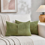 Fancy Homi 2 Packs Moss Green Lumbar Decorative Throw Pillow Covers 14x22 Inch for Living Room Couch Bed, Rustic Farmhouse Boho Home Decor, Soft Striped Corduroy Rectangle Accent Cushion Case 35x55 cm