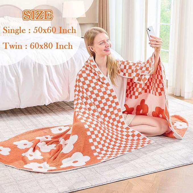 Checkered Throw Blanket, Orange Flower Blanket for Couch, 50"x60" Soft Plaid Knit Blanket for Home Decor, Reversible Checkerered Blankets for Sofa, Chair, Bed