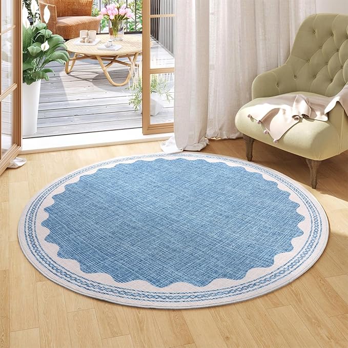 Scalloped Blue 4ft Round Rug Washable Non-Slip Soft Ultra-Thin Small Circle Modern Cottage Core Solid Tan Carpet for Entryway Kitchen Bedroom Nursery Dining Room