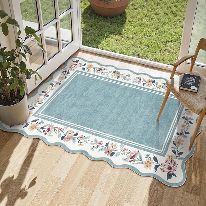 Lahome Floral 2x3 Blue Kitchen Rugs, Small Rugs for Entryway Non Slip Washable Rug Ultra-Thin Front Door Rug Indoor Entrance,Boho Stain Resistant Scalloped Throw for Bathroom Bedroom Ariele (Blue