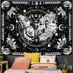 Skeleton Butterfly Tapestry Black and White Skull Mushroom Plants Tapestries Hippie Aesthetic Tapestry Wall Hanging for Bedroom Living Room Dorm (Black, 90” x 68”)
