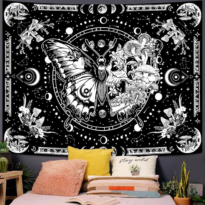 Skeleton Butterfly Tapestry Black and White Skull Mushroom Plants Tapestries Hippie Aesthetic Tapestry Wall Hanging for Bedroom Living Room Dorm (Black, 90” x 68”)