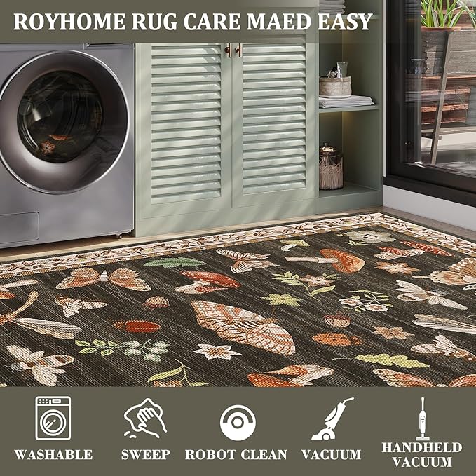 Mushroom Insect Washable Rug 2x6 Runners for Hallways, Boho Kitchen Runner Rugs Non Slip Bath Runner, Modern Bedroom, Soft Long Entryway Bathroom Laundry Dorm, Brown