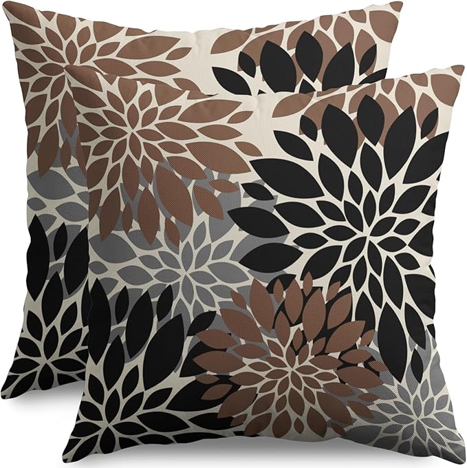 Black Brown Pillow Covers 18X18 Inch Set of 2, Spring Summer Floral Dahlia Flower Cream Decorative Throw Pillow Covers Outdoor Modern Farmhouse Cushion Case for Home Couch Sofa Bed Decor