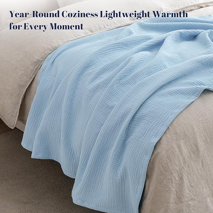 PHF 100% Cotton Muslin Blanket King Size 108"x90", 4-Layer Lightweight Gauze Throw, Breathable Cloud-Soft Minimalist Blanket for Bed, Couch, Camping & Baby, Sky Blue, Ideal Gift