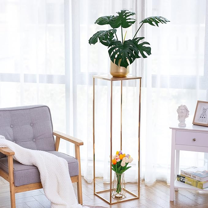 Gold Stand Wedding Centerpieces for Tables - 39.4in Tall Vases for Centerpieces, 2 Pcs Metal Column Flower Stand, Rectangular Flower Display Rack, Wedding Decorations for Tables, Party, Events, Home
