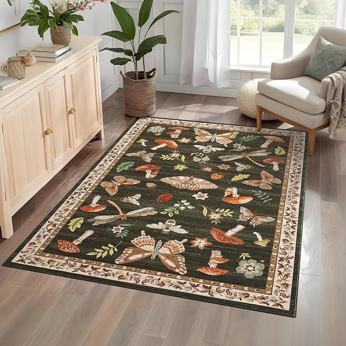 4x6 Rug Non-Slip Washable Carpet - Mushroom Soft Low-Pile Stain Resistant Foldable Rugs for Nursery Kitchen Bedroom Living Room Entryway Indoor Mat with Rubber Back Brown